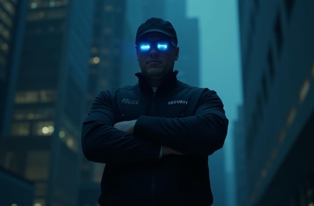 Professional security operative standing watch, representing protection and vigilance.